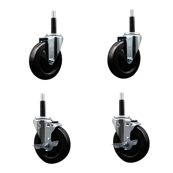 5'' Soft Rubber Wheel Swivel 3/4'' Expanding Stem Caster Set 2 Brakes, 4PK